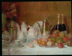 Nature morte avec fruits et bouteilles de champagne